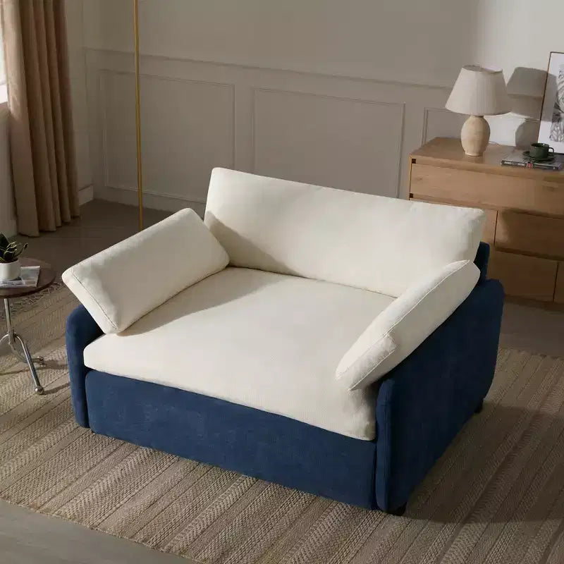 Poltrona singola in ciniglia blu/multicolore, con cuscini decorativi