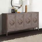 Credenza Antica Marrone a 4 Ante in Legno con Maniglie Intagliate, Montaggio da 1 Persona