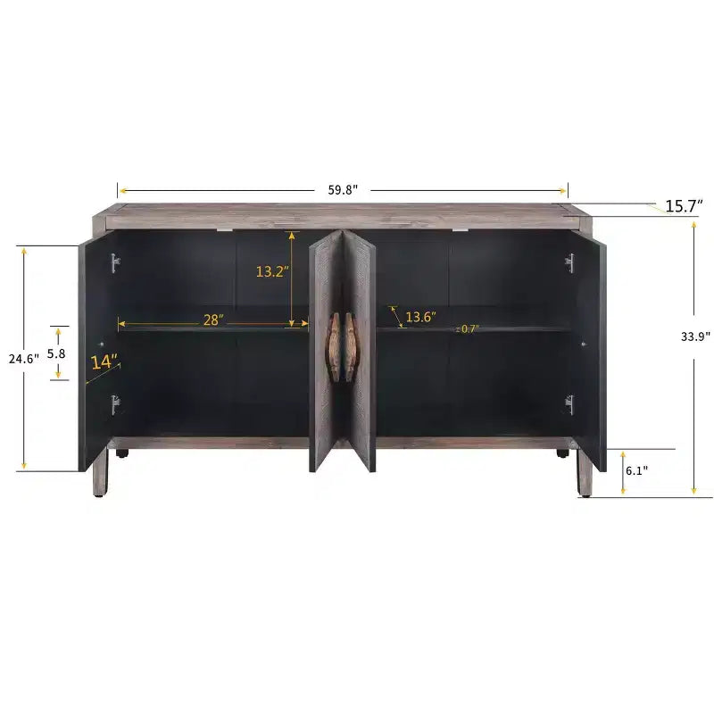 Credenza Antica Marrone a 4 Ante in Legno con Maniglie Intagliate, Montaggio da 1 Persona