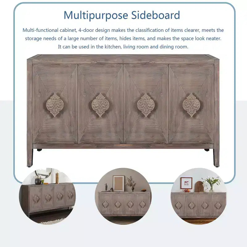 Credenza Antica Marrone a 4 Ante in Legno con Maniglie Intagliate, Montaggio da 1 Persona