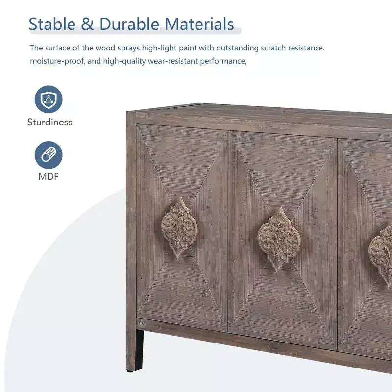Credenza Antica Marrone a 4 Ante in Legno con Maniglie Intagliate, Montaggio da 1 Persona
