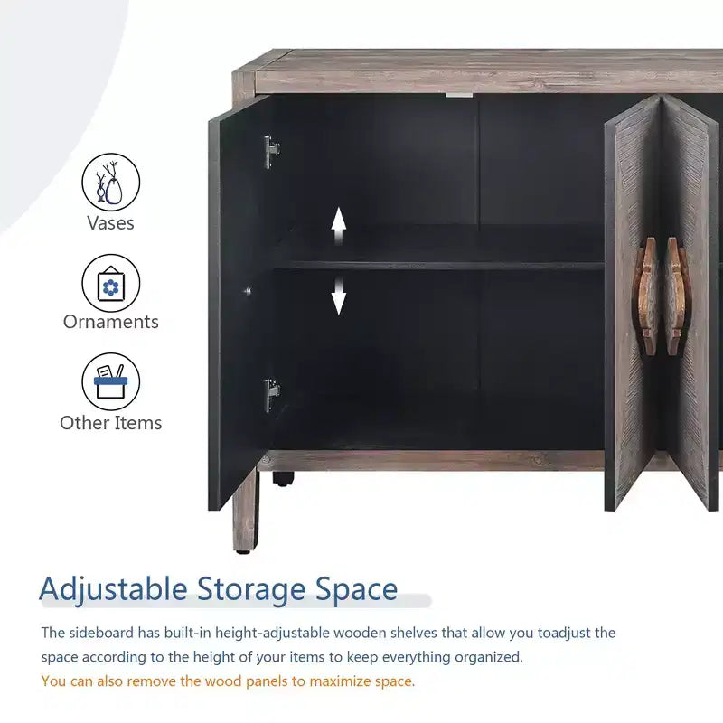 Credenza Antica Marrone a 4 Ante in Legno con Maniglie Intagliate, Montaggio da 1 Persona