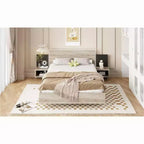 Letto a Piattaforma Sospesa Rivestito in Tessuto Grigio con Comodini, Queen, 2 Posti