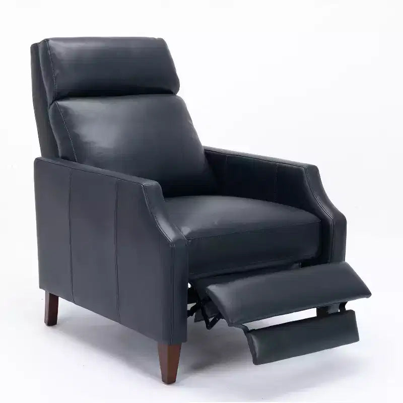 Poltrona reclinabile a spinta marrone/blu scuro, in similpelle, monoposto, con gambe in legno massello