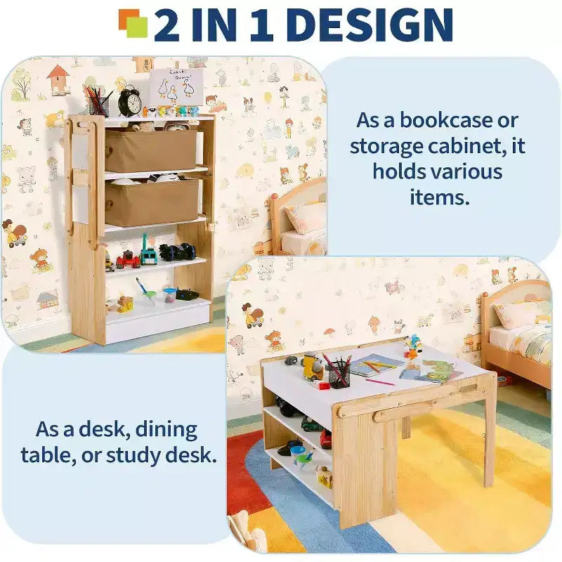 Ensemble table et chaises pliantes, table d'activités convertible en étagères de rangement, bureau de jeu créatif avec 2 boîtes de rangement, table réglable pour l'école et la maison