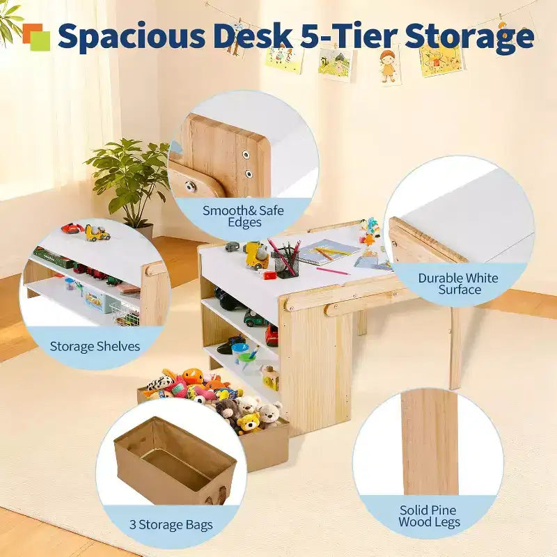 Ensemble table et chaises pliantes, table d'activités convertible en étagères de rangement, bureau de jeu créatif avec 2 boîtes de rangement, table réglable pour l'école et la maison