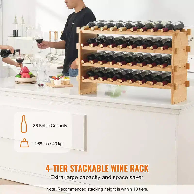 36 Bottle Bamboo Wine Rack 4 Tier Stackable Freestanding Storage Shelf for Kitchen Bar