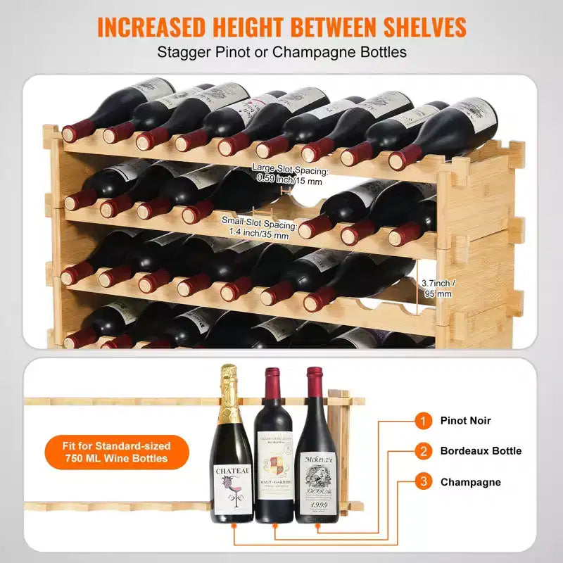 36 Bottle Bamboo Wine Rack 4 Tier Stackable Freestanding Storage Shelf for Kitchen Bar