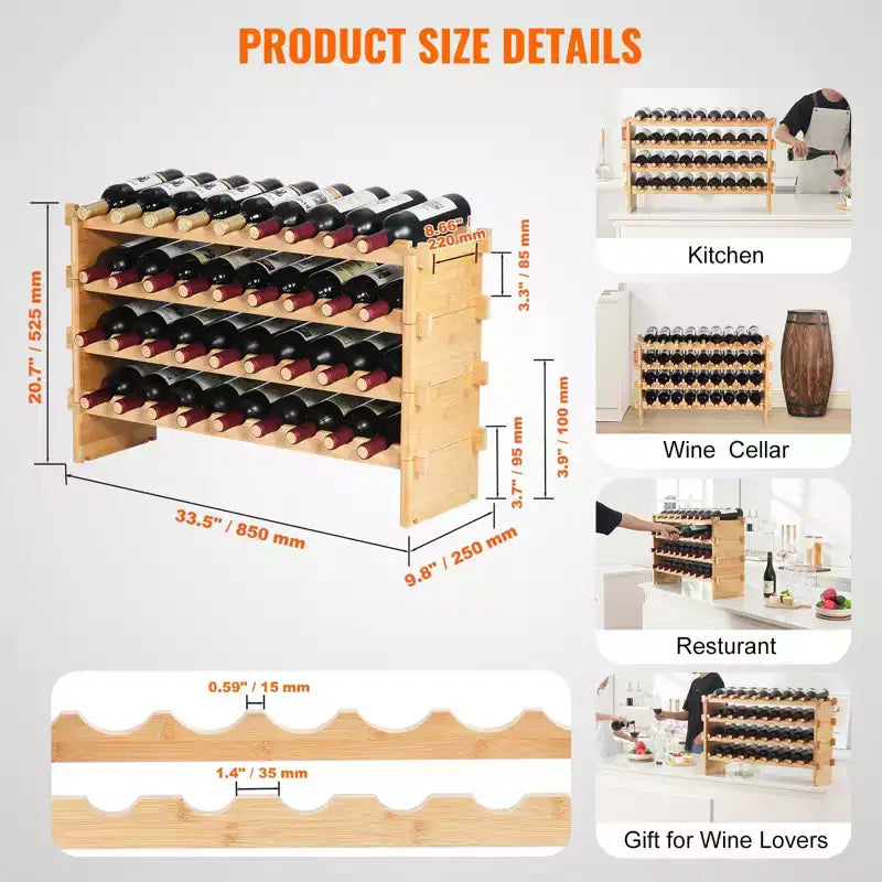 36 Bottle Bamboo Wine Rack 4 Tier Stackable Freestanding Storage Shelf for Kitchen Bar
