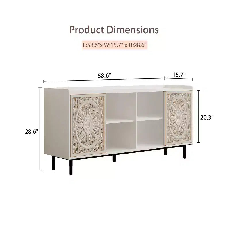 GDFStudio Vesna 58.6'' Mid-Century Modern Hollow-Carved TV Stand with 2 Doors and 2 Shelves