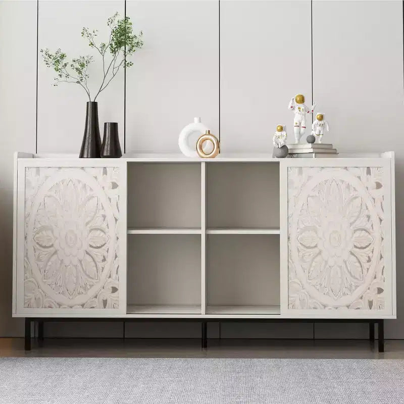 GDFStudio Vesna 58.6'' Mid-Century Modern Hollow-Carved TV Stand with 2 Doors and 2 Shelves