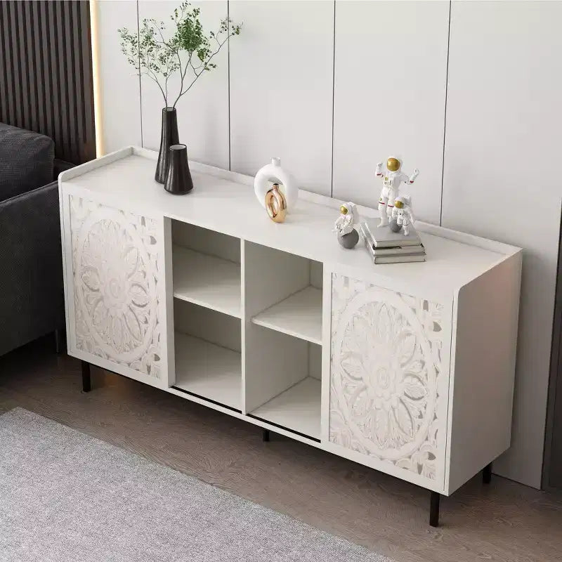GDFStudio Vesna 58.6'' Mid-Century Modern Hollow-Carved TV Stand with 2 Doors and 2 Shelves