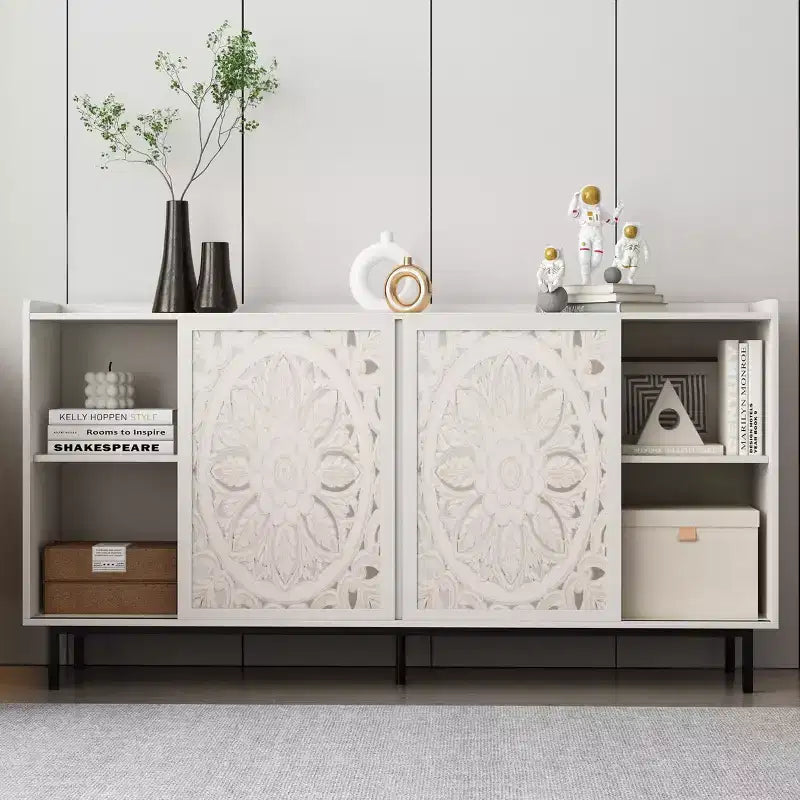 GDFStudio Vesna 58.6'' Mid-Century Modern Hollow-Carved TV Stand with 2 Doors and 2 Shelves