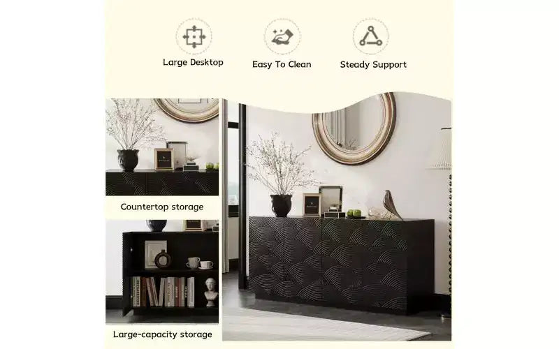 JVNOXK 56-inch Large Modern-Style Recessed Sideboard with Storage Space, Adjustable Shelves, Can Serve as Decorative Cabinet, Black