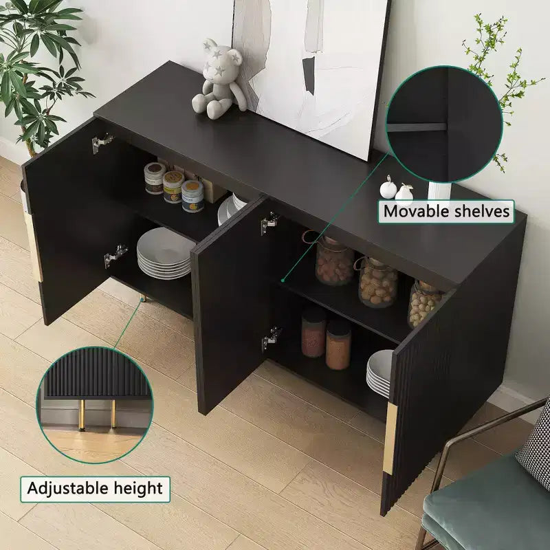 JVNOXK 56-inch Large Modern-Style Recessed Sideboard with Storage Space, Adjustable Shelves, Can Serve as Decorative Cabinet, Black