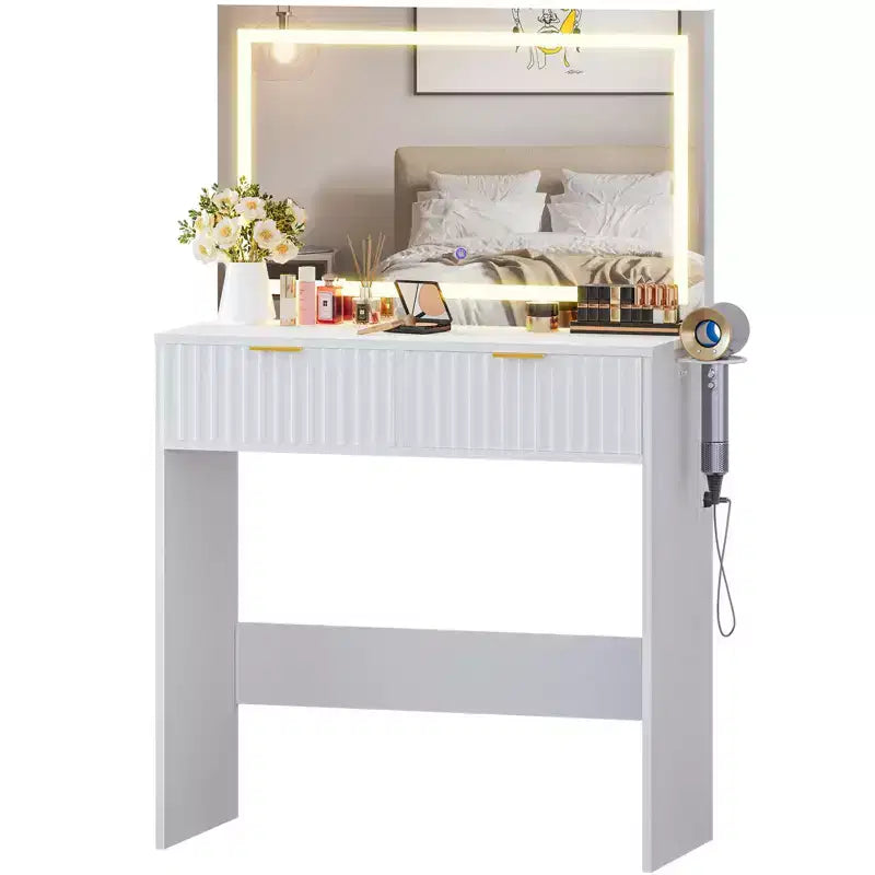 31'' Makeup Vanity Desk with Mirror and Adjustable Lights for Small Space - Dressing Table with 2 Drawers for Bedroom