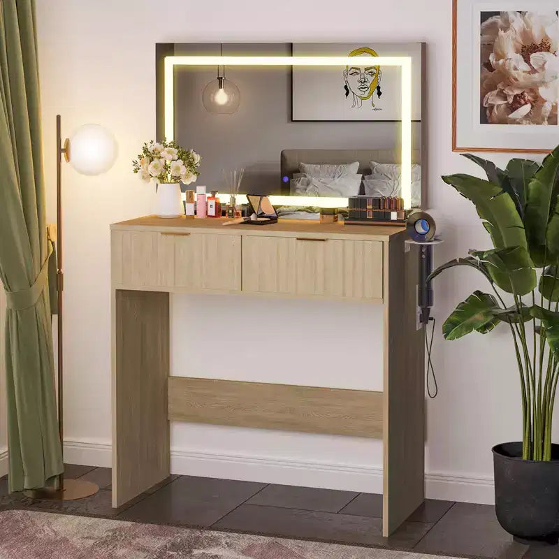 31'' Makeup Vanity Desk with Mirror and Adjustable Lights for Small Space - Dressing Table with 2 Drawers for Bedroom