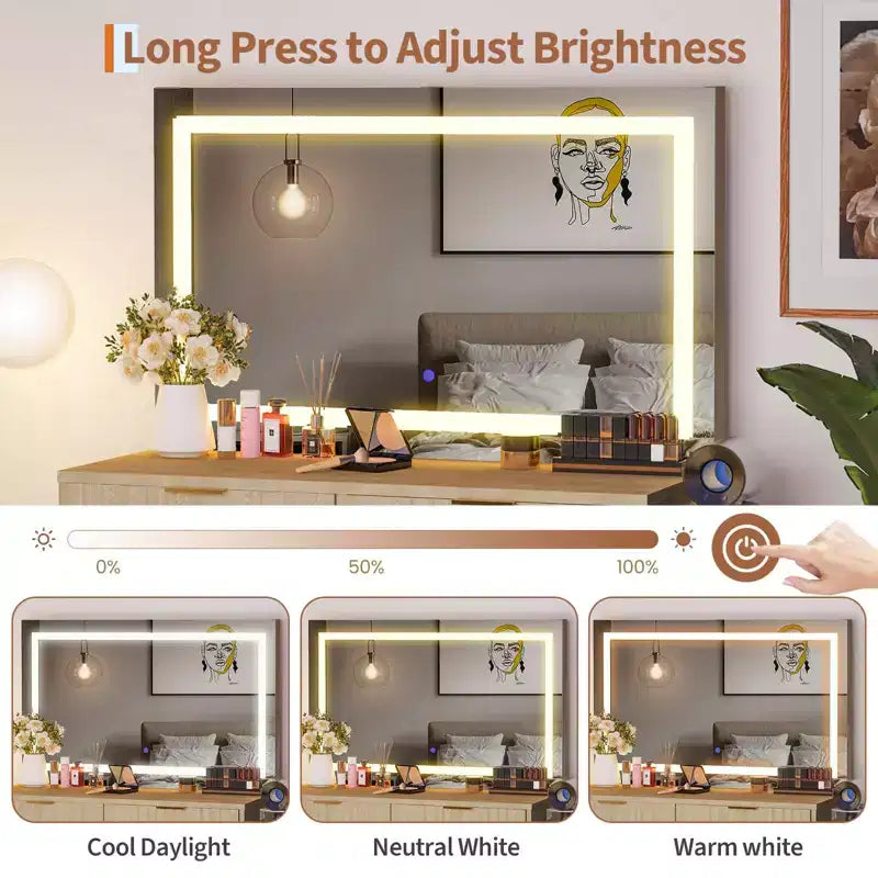 31'' Makeup Vanity Desk with Mirror and Adjustable Lights for Small Space - Dressing Table with 2 Drawers for Bedroom