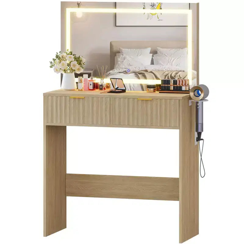 31'' Makeup Vanity Desk with Mirror and Adjustable Lights for Small Space - Dressing Table with 2 Drawers for Bedroom
