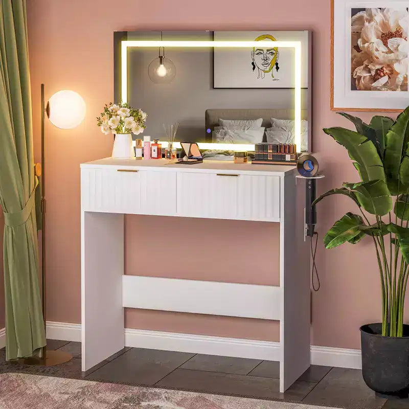 31'' Makeup Vanity Desk with Mirror and Adjustable Lights for Small Space - Dressing Table with 2 Drawers for Bedroom