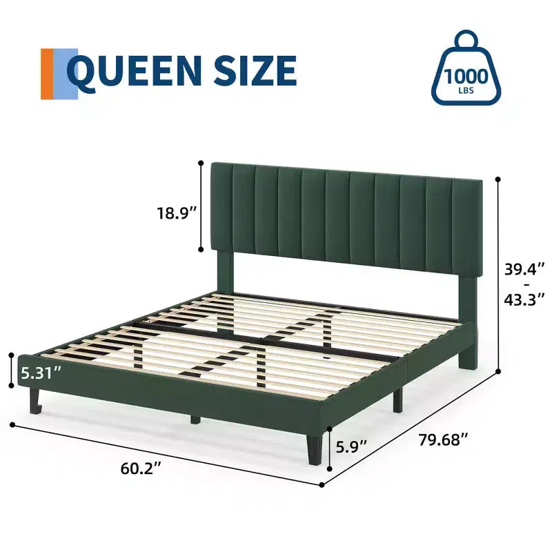Queen Size Bed Frame with Adjustable Vertical Channel Tufted Headboard, No Box Spring Needed, Easy Assembly