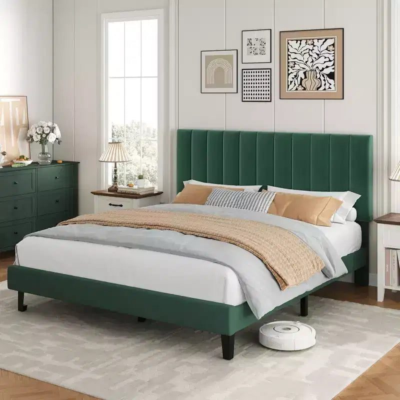 Queen Size Bed Frame with Adjustable Vertical Channel Tufted Headboard, No Box Spring Needed, Easy Assembly