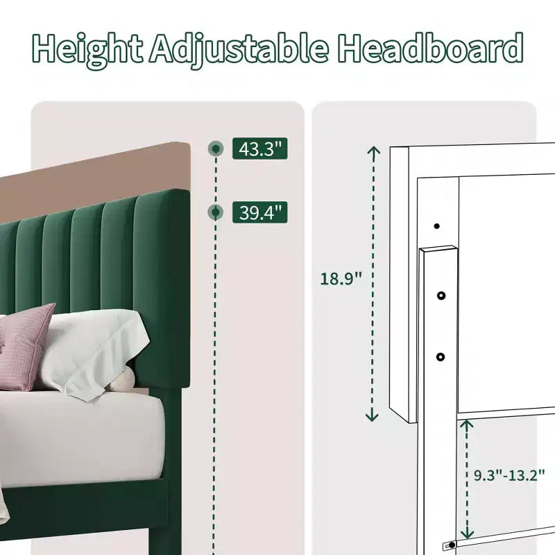 Queen Size Bed Frame with Adjustable Vertical Channel Tufted Headboard, No Box Spring Needed, Easy Assembly