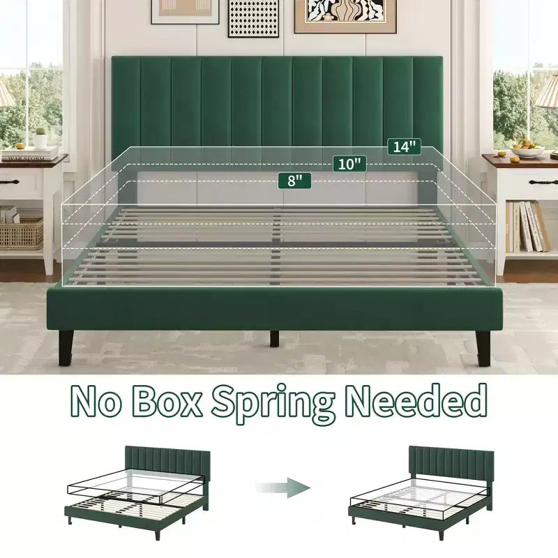 Queen Size Bed Frame with Adjustable Vertical Channel Tufted Headboard, No Box Spring Needed, Easy Assembly