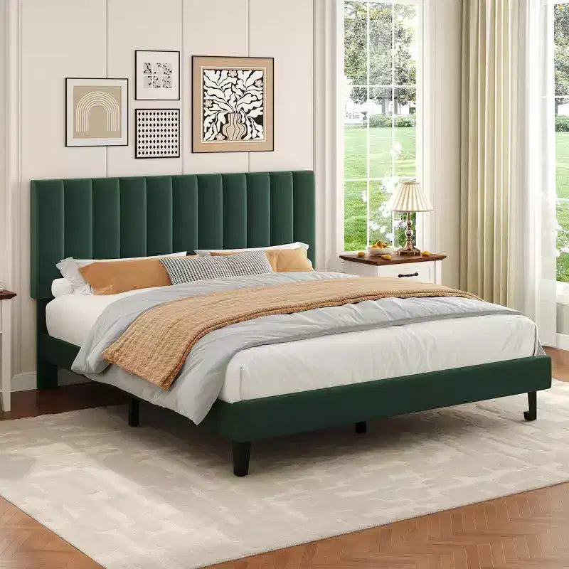 Queen Size Bed Frame with Adjustable Vertical Channel Tufted Headboard, No Box Spring Needed, Easy Assembly