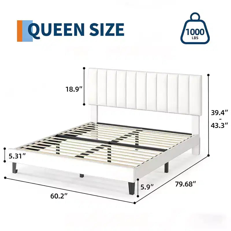 Queen Size Bed Frame with Adjustable Vertical Channel Tufted Headboard, No Box Spring Needed, Easy Assembly