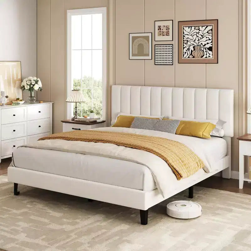 Queen Size Bed Frame with Adjustable Vertical Channel Tufted Headboard, No Box Spring Needed, Easy Assembly