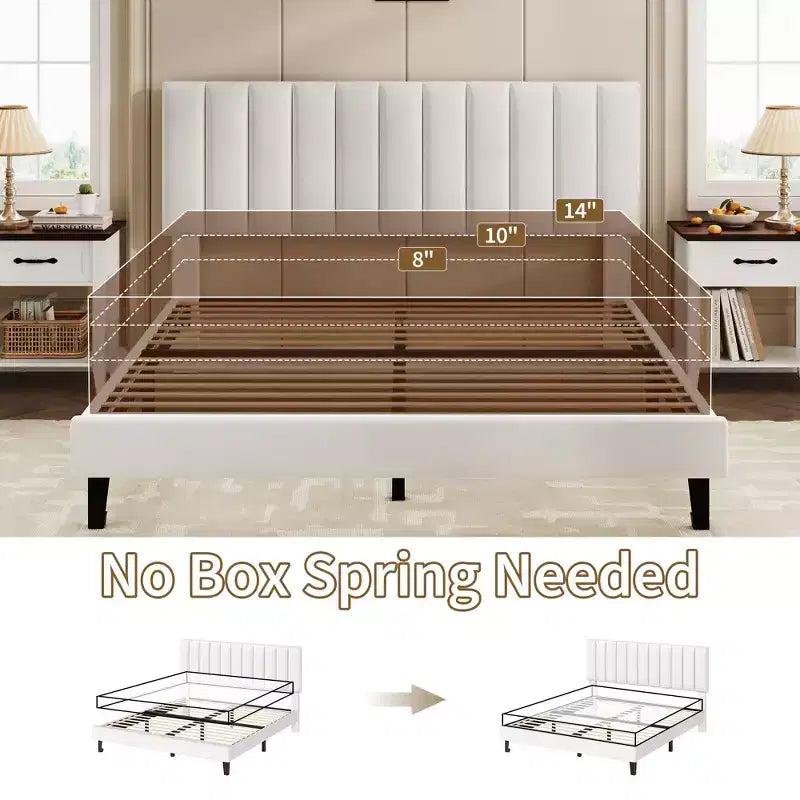 Queen Size Bed Frame with Adjustable Vertical Channel Tufted Headboard, No Box Spring Needed, Easy Assembly