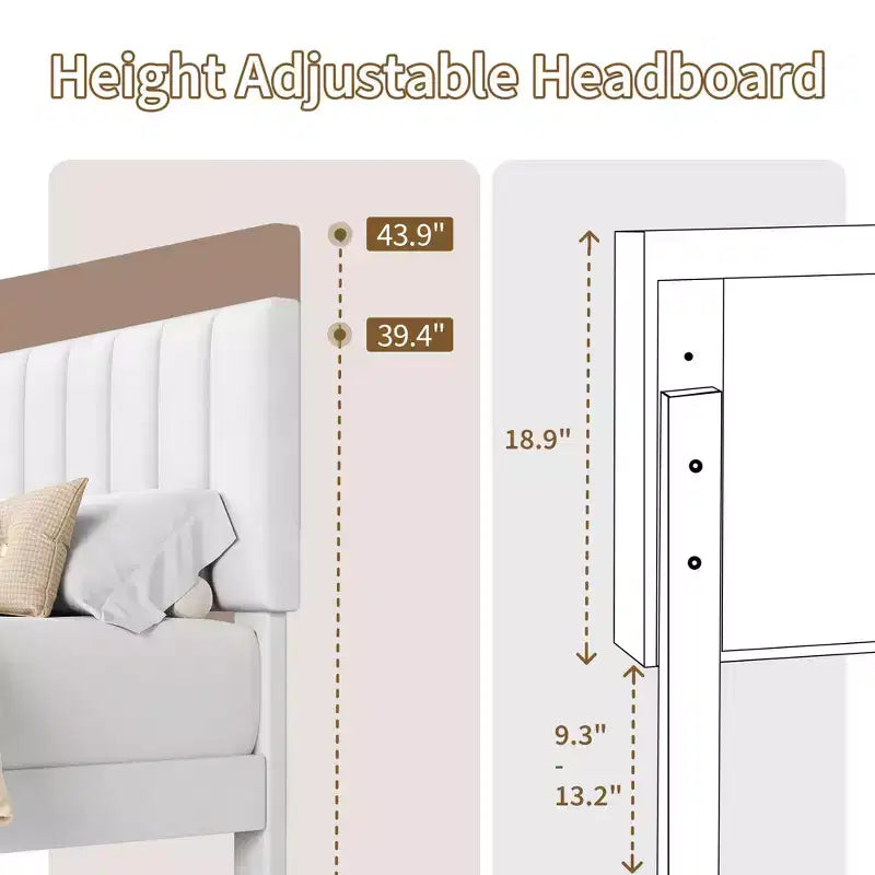 Queen Size Bed Frame with Adjustable Vertical Channel Tufted Headboard, No Box Spring Needed, Easy Assembly