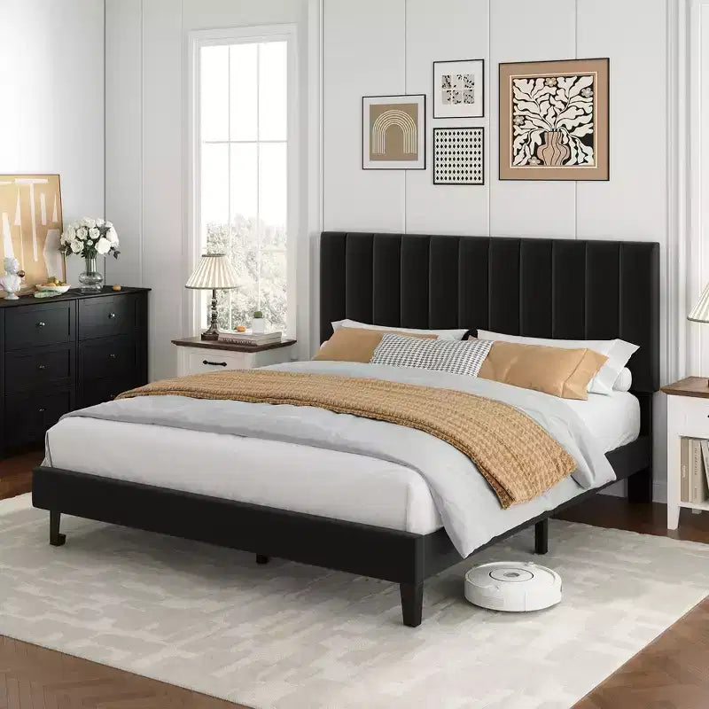 Queen Size Bed Frame with Adjustable Vertical Channel Tufted Headboard, No Box Spring Needed, Easy Assembly