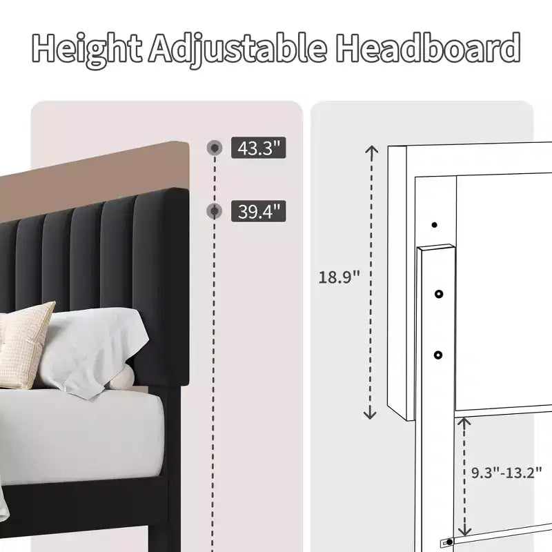 Queen Size Bed Frame with Adjustable Vertical Channel Tufted Headboard, No Box Spring Needed, Easy Assembly
