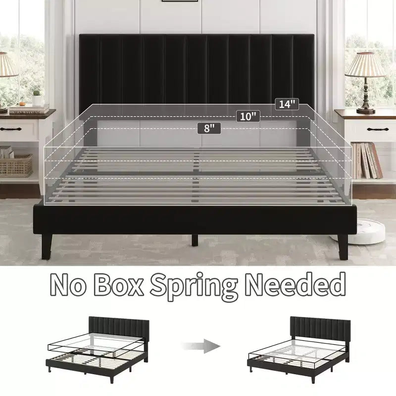 Queen Size Bed Frame with Adjustable Vertical Channel Tufted Headboard, No Box Spring Needed, Easy Assembly