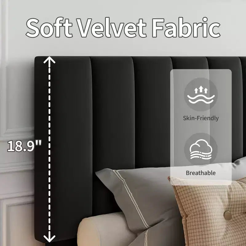 Queen Size Bed Frame with Adjustable Vertical Channel Tufted Headboard, No Box Spring Needed, Easy Assembly