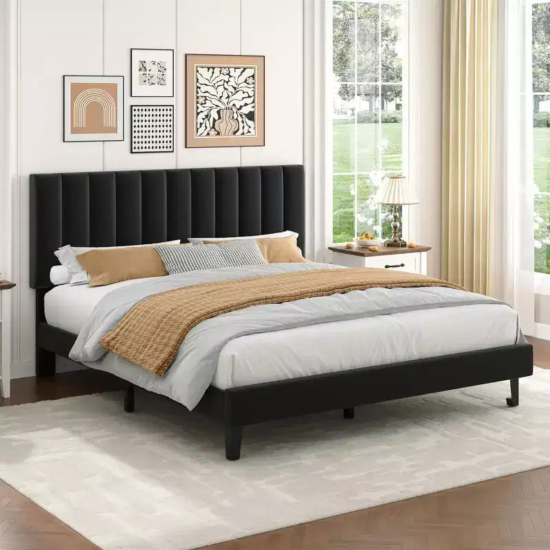 Queen Size Bed Frame with Adjustable Vertical Channel Tufted Headboard, No Box Spring Needed, Easy Assembly
