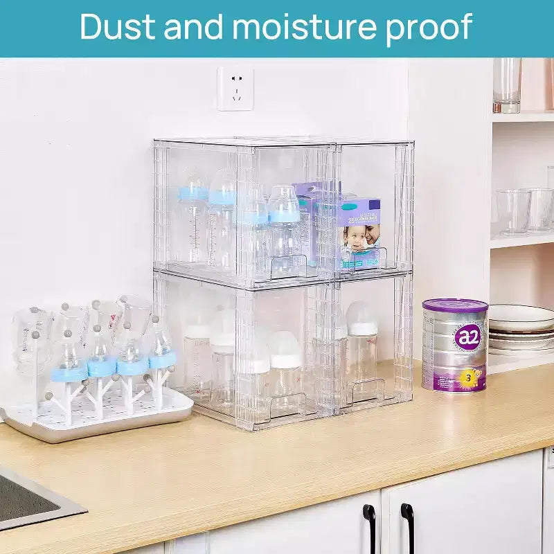Vtopmart 4 Pack 9.7 Clear Plastic Stackable Storage Drawers,for Skincare, Bathroom Supplies,Ideal for Cabinet,Undersink,Vanity,Kitchen,Pantry