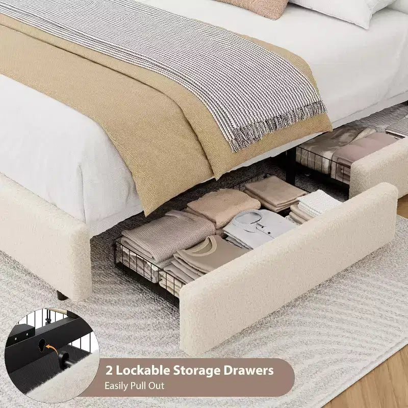 Teddy Fleece Twin Size Bed Frame, Cloud Cream Bed Frame with 2 Storage Drawer and Adjustable Headboard, No Box Spring Required, Cream