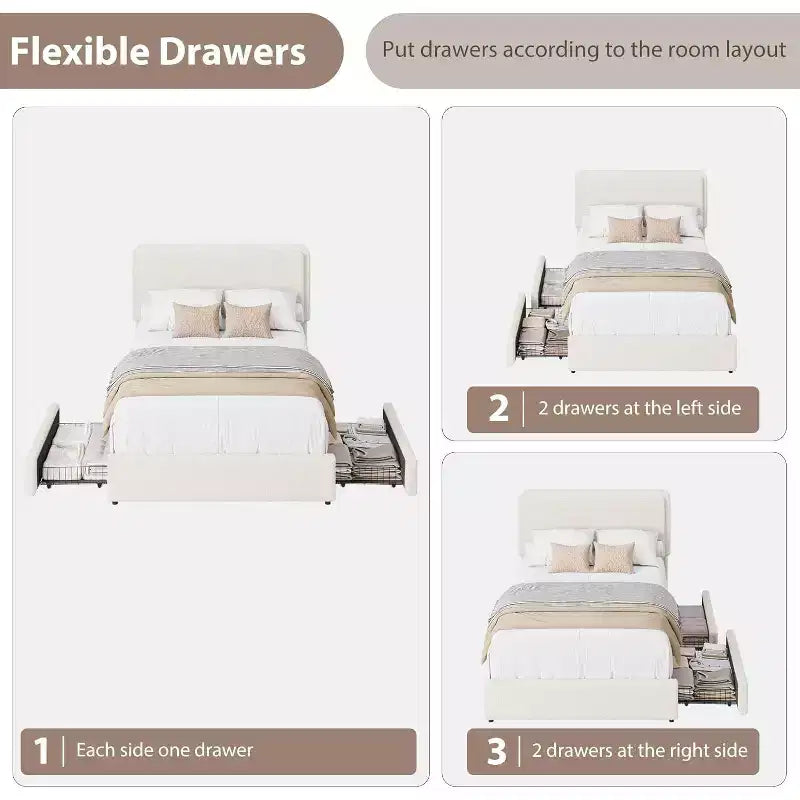 Teddy Fleece Twin Size Bed Frame, Cloud Cream Bed Frame with 2 Storage Drawer and Adjustable Headboard, No Box Spring Required, Cream