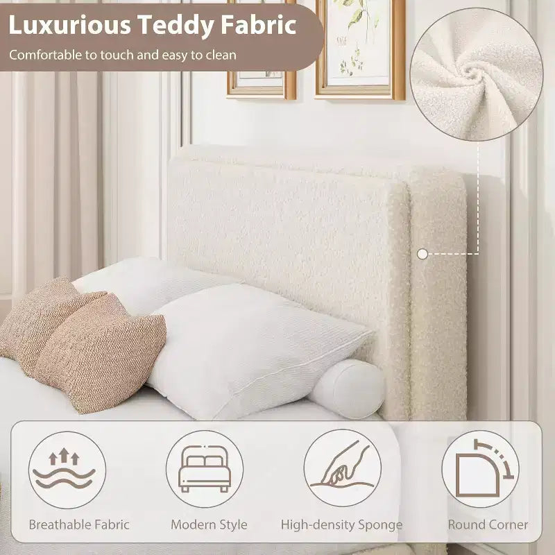 Teddy Fleece Twin Size Bed Frame, Cloud Cream Bed Frame with 2 Storage Drawer and Adjustable Headboard, No Box Spring Required, Cream
