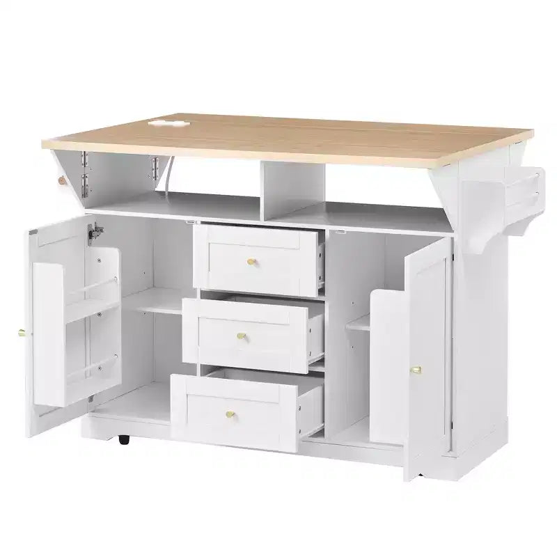 Rolling Kitchen Island with Power Outlet, Spice Rack & 2 Drop Leaf