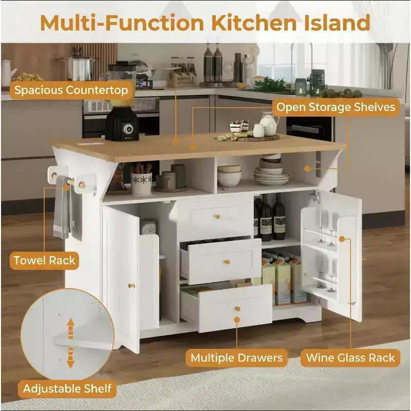Rolling Kitchen Island with Power Outlet, Spice Rack & 2 Drop Leaf