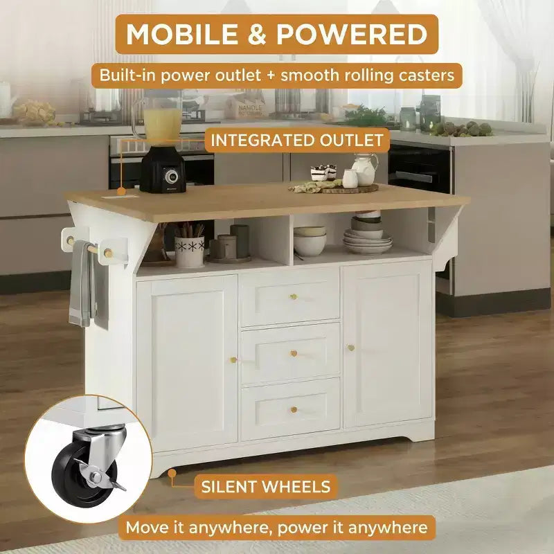 Rolling Kitchen Island with Power Outlet, Spice Rack & 2 Drop Leaf
