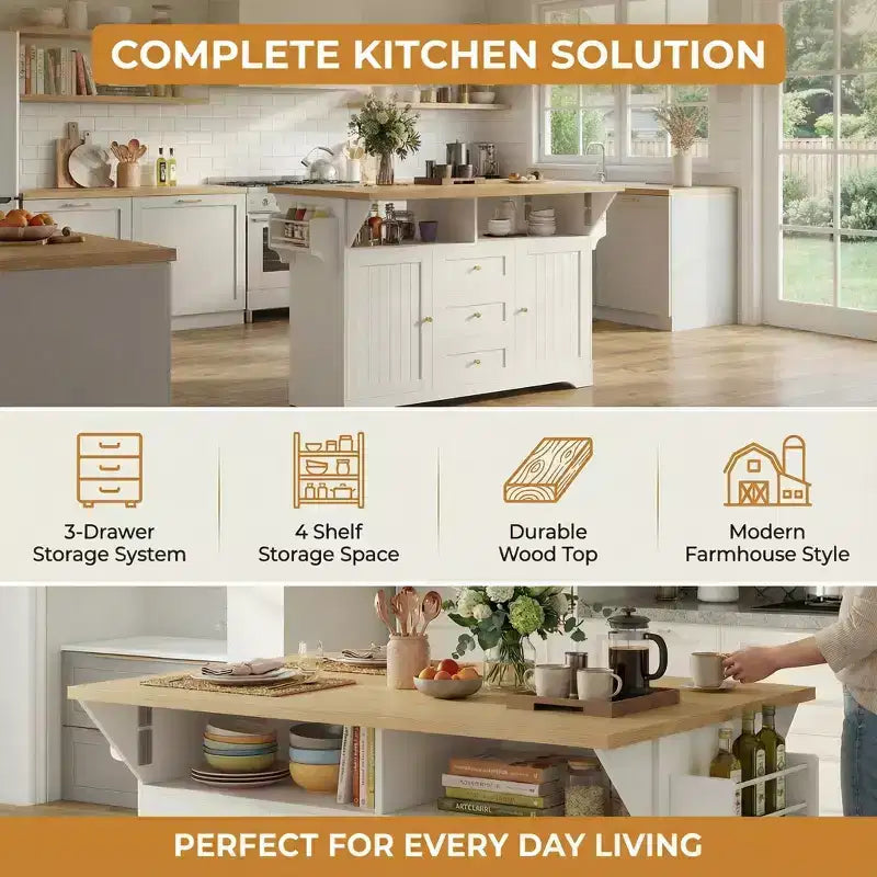Rolling Kitchen Island with Power Outlet, Spice Rack & 2 Drop Leaf