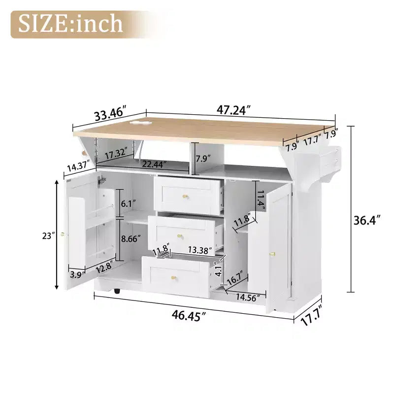 Rolling Kitchen Island with Power Outlet, Spice Rack & 2 Drop Leaf