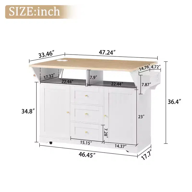 Rolling Kitchen Island with Power Outlet, Spice Rack & 2 Drop Leaf
