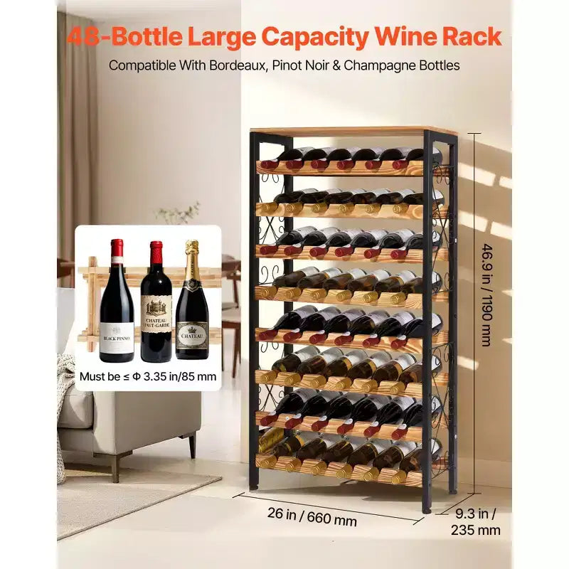 VEVOR 48 Bottle Wine Rack,8-Tier Iron Wine Bottle Holder With Wood Table Top,Freestanding Floor Display Wine Storage Shelves, Black