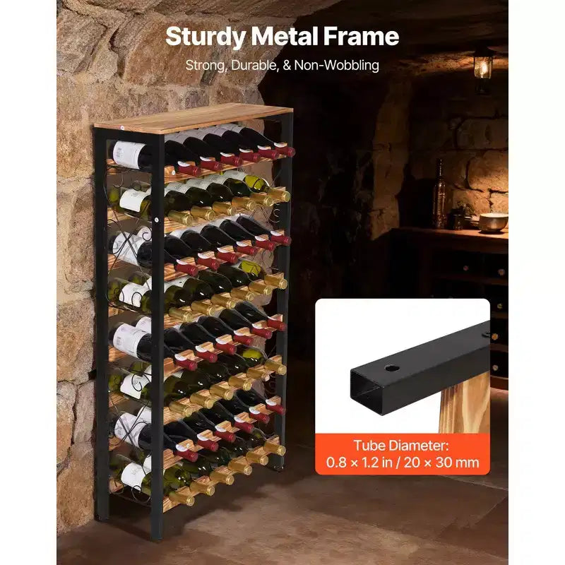 VEVOR 48 Bottle Wine Rack,8-Tier Iron Wine Bottle Holder With Wood Table Top,Freestanding Floor Display Wine Storage Shelves, Black
